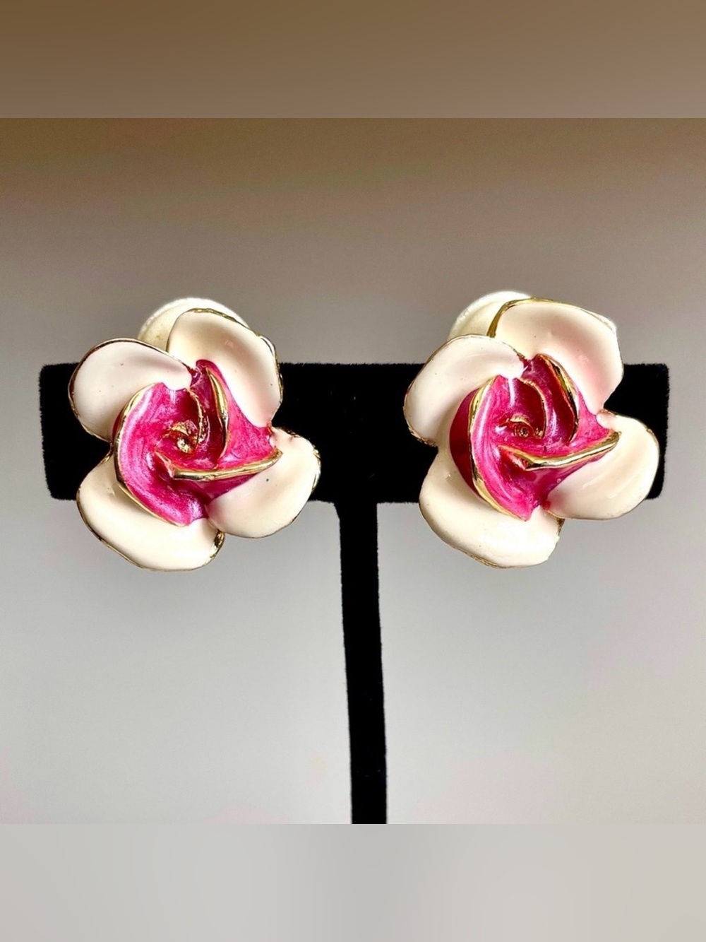 Vintage Enamel Flower Clip-On Earrings Pink Ivory Gold Tone Statement Floral Art